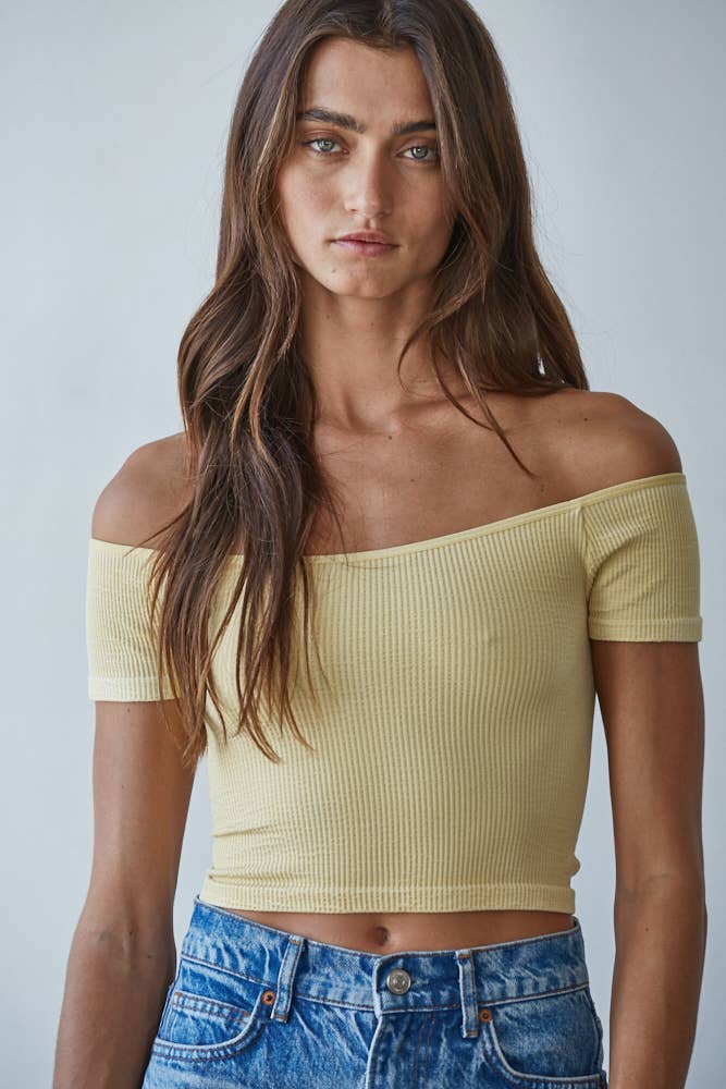 Women's Knit Seamless Ribbed Off Shoulder Crop Top - Butter Yellow (Final Sale)