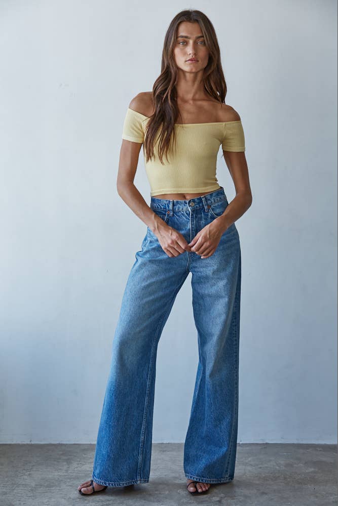 Women's Knit Seamless Ribbed Off Shoulder Crop Top - Butter Yellow (Final Sale)