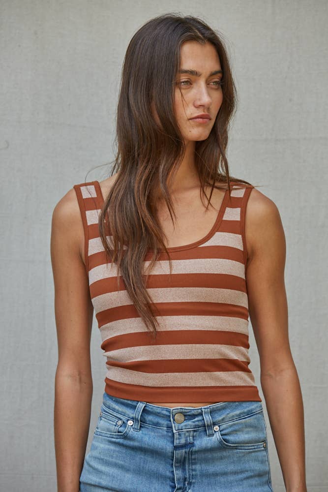 Women's Knit Striped Seamless Padded Tank Top - Camel (Final Sale)