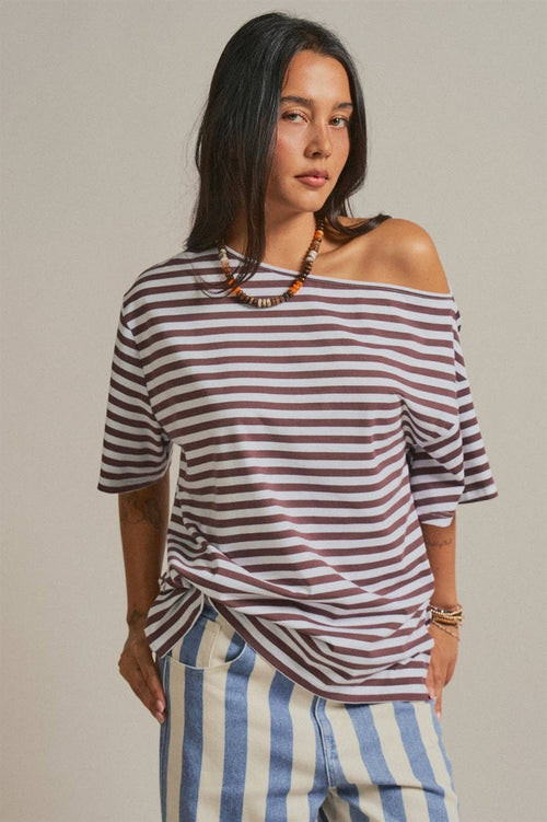 Women's Off-Shoulder Boxy Tee - Brown Stripe