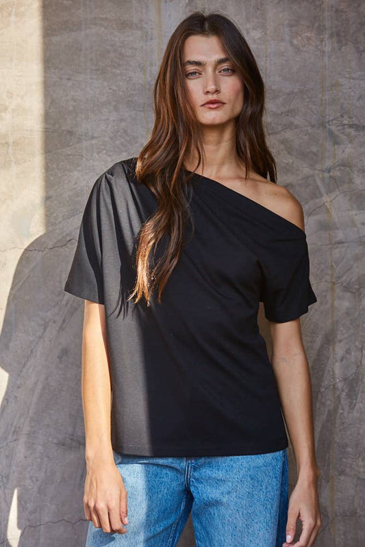 Women's One Shoulder Pin Tuck Top - Black