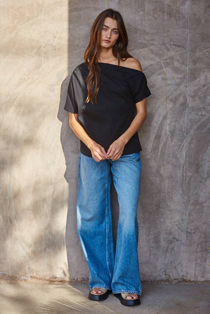 Women's One Shoulder Pin Tuck Top - Black
