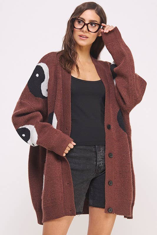Women's Oversized Yin Yang Cardigan - Brown
