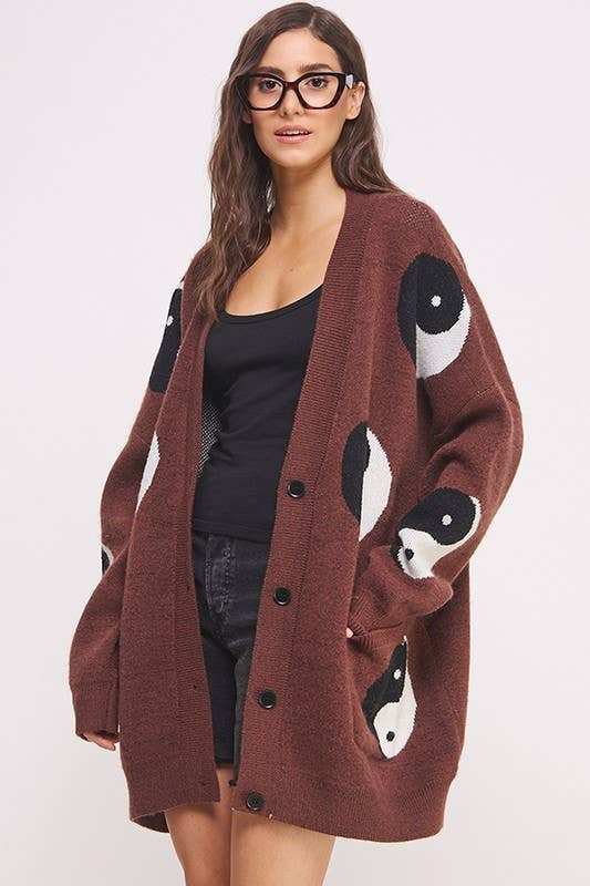Women's Oversized Yin Yang Cardigan - Brown