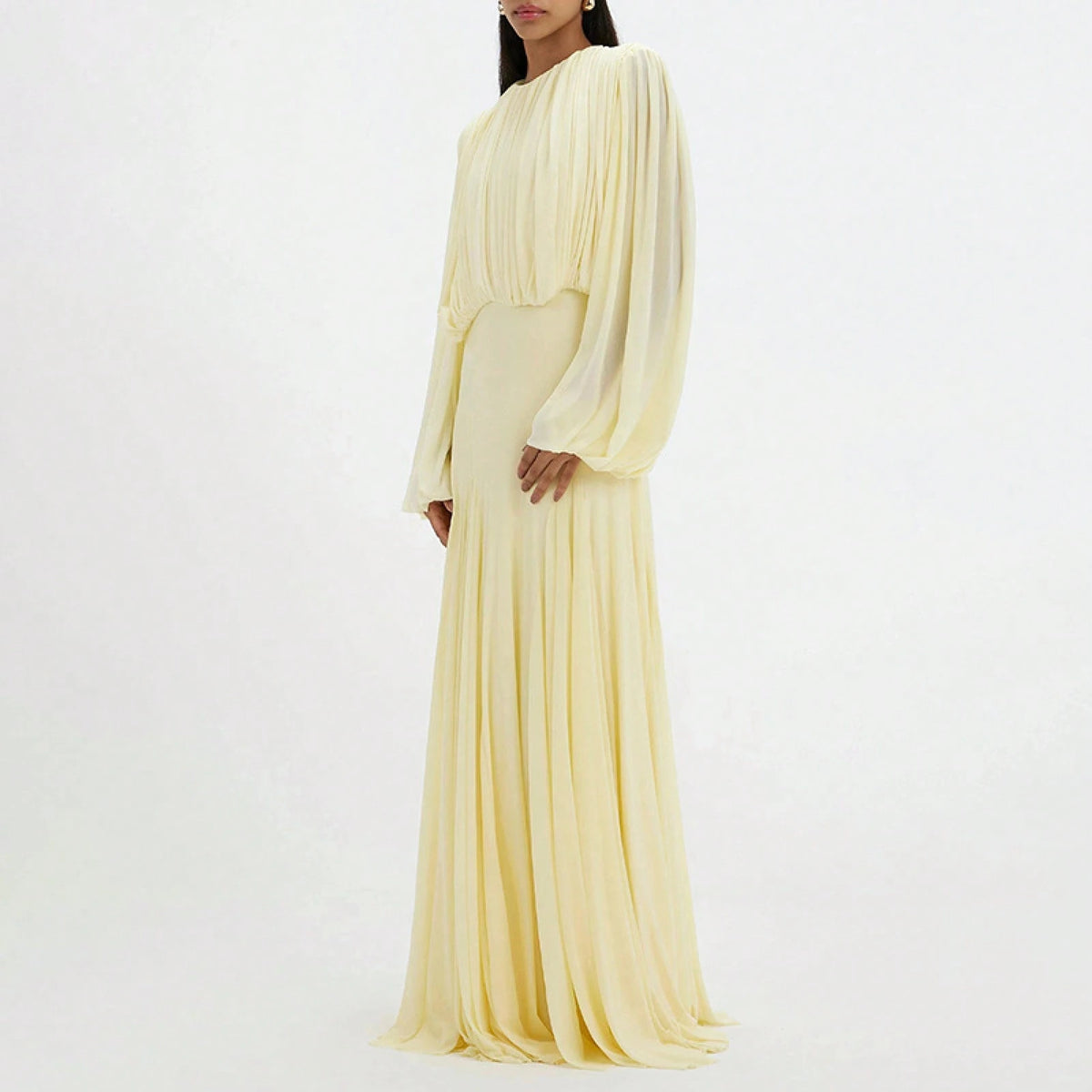 Womens Pleated Bubble Sleeve Chiffon Maxi Dress Minimal Bridesmaid Resort Wear Flowy Light Chiffon Floor Length A Line Silhouette Wedding Ceremony And
