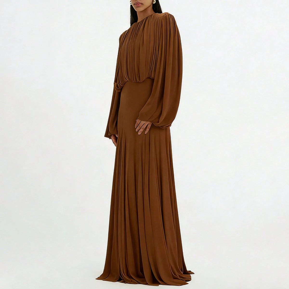 Womens Pleated Bubble Sleeve Chiffon Maxi Dress Minimal Bridesmaid Resort Wear Flowy Light Chiffon Floor Length A Line Silhouette Wedding Ceremony And