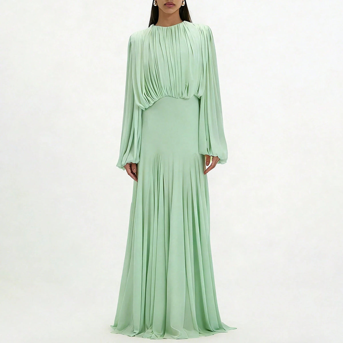 Womens Pleated Bubble Sleeve Chiffon Maxi Dress Minimal Bridesmaid Resort Wear Flowy Light Chiffon Floor Length A Line Silhouette Wedding Ceremony And