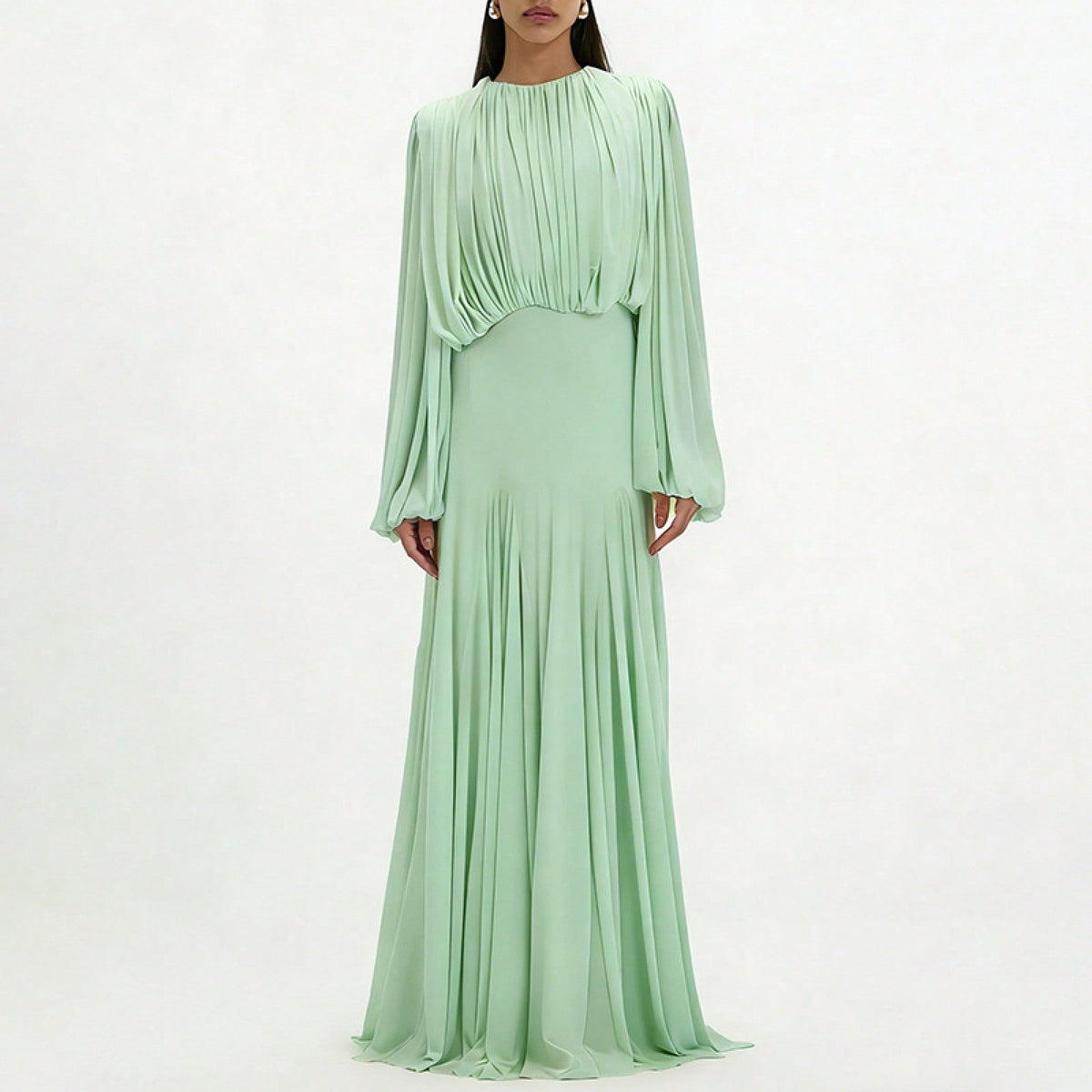 Womens Pleated Bubble Sleeve Chiffon Maxi Dress Minimal Bridesmaid Resort Wear Flowy Light Chiffon Floor Length A Line Silhouette Wedding Ceremony And