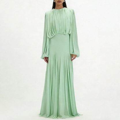 Womens Pleated Bubble Sleeve Chiffon Maxi Dress Minimal Bridesmaid Resort Wear Flowy Light Chiffon Floor Length A Line Silhouette Wedding Ceremony And