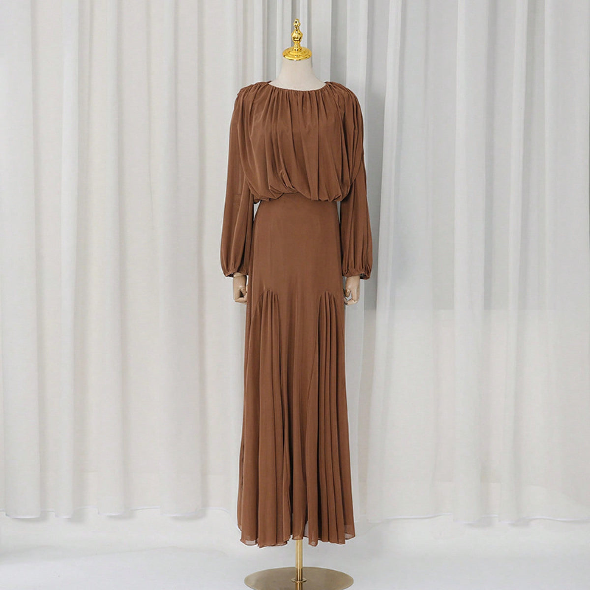 Womens Pleated Bubble Sleeve Chiffon Maxi Dress Minimal Bridesmaid Resort Wear Flowy Light Chiffon Floor Length A Line Silhouette Wedding Ceremony And