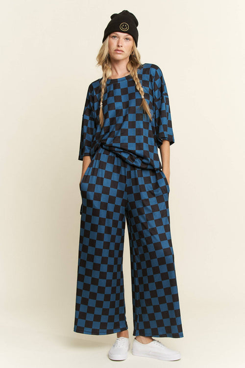Women's Ribbed Checkered Set - Teal/Black