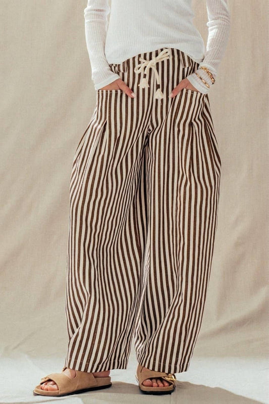 Women’s Rope Drawstring Balloon Pants - Brown Stripe
