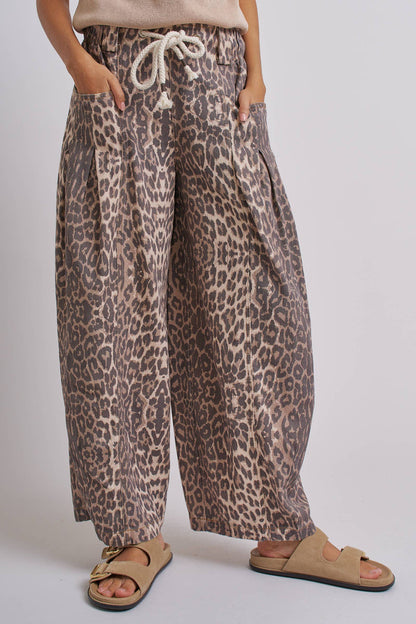 Women's Rope Drawstring Balloon Pants - Leopard