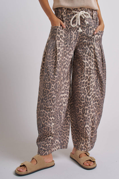 Women's Rope Drawstring Balloon Pants - Leopard