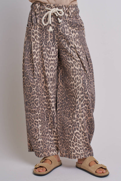 Women's Rope Drawstring Balloon Pants - Leopard