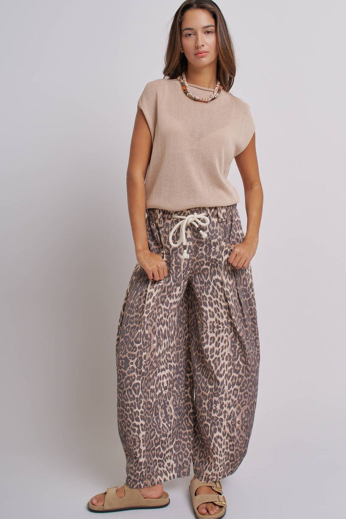 Women's Rope Drawstring Balloon Pants - Leopard