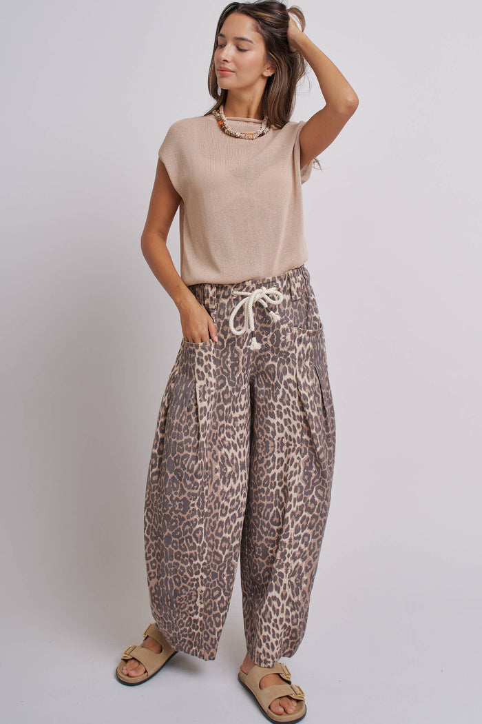 Women's Rope Drawstring Balloon Pants - Leopard