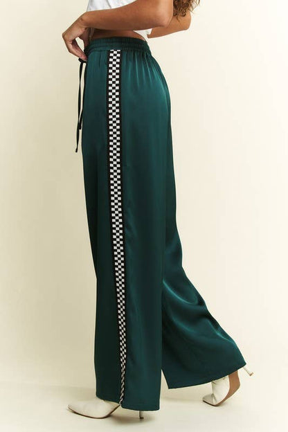 Women's Satin Sweatpants - Green w/ Side Checker