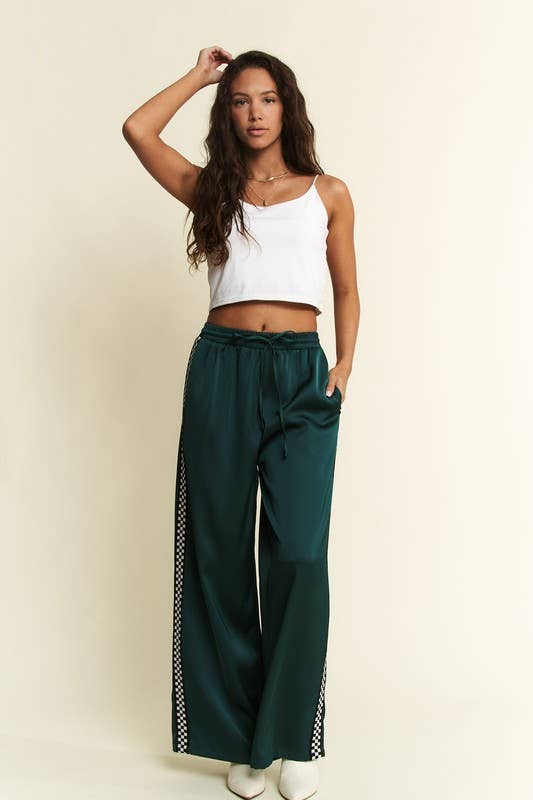Women's Satin Sweatpants - Green w/ Side Checker