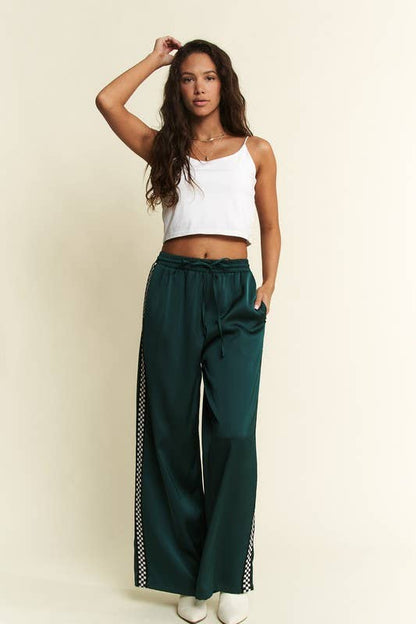 Women's Satin Sweatpants - Green w/ Side Checker