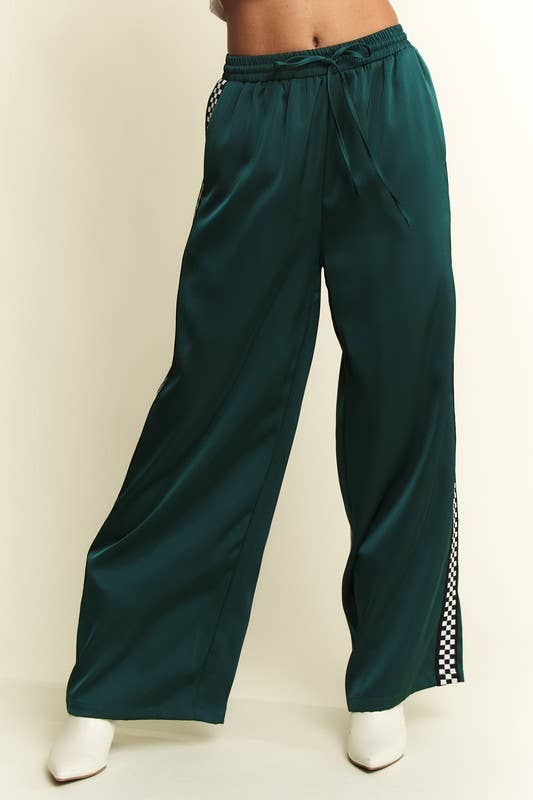 Women's Satin Sweatpants - Green w/ Side Checker