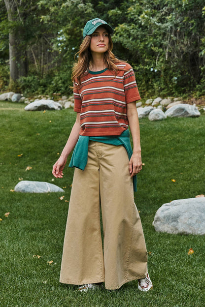 Women’s Striped Knit Ringer Tee With Crew Neck - Rust