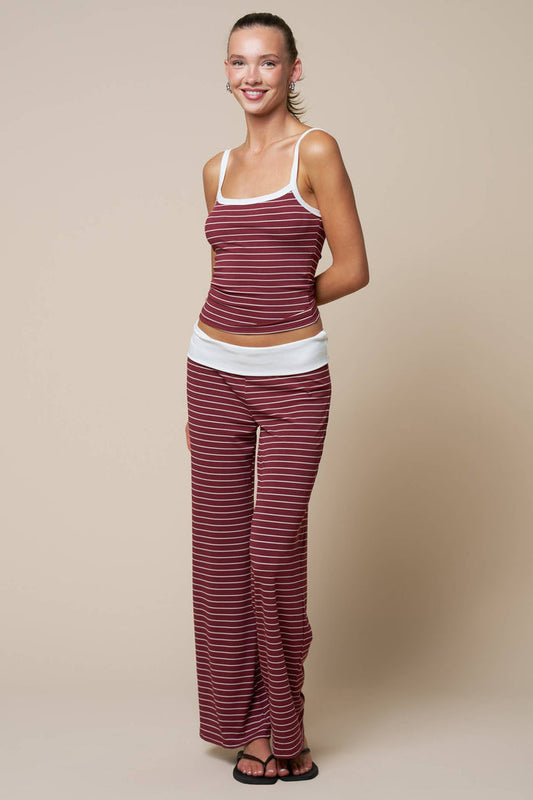 Women's Striped Tank with Fold Over Pant Set - Burgundy