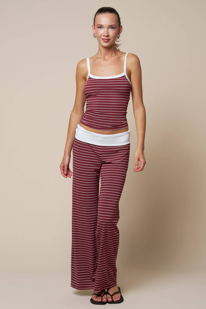 Women's Striped Tank with Fold Over Pant Set - Burgundy