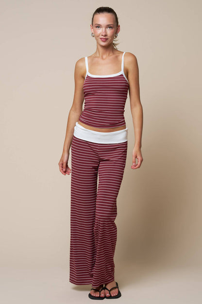 Women's Striped Tank with Fold Over Pant Set - Burgundy