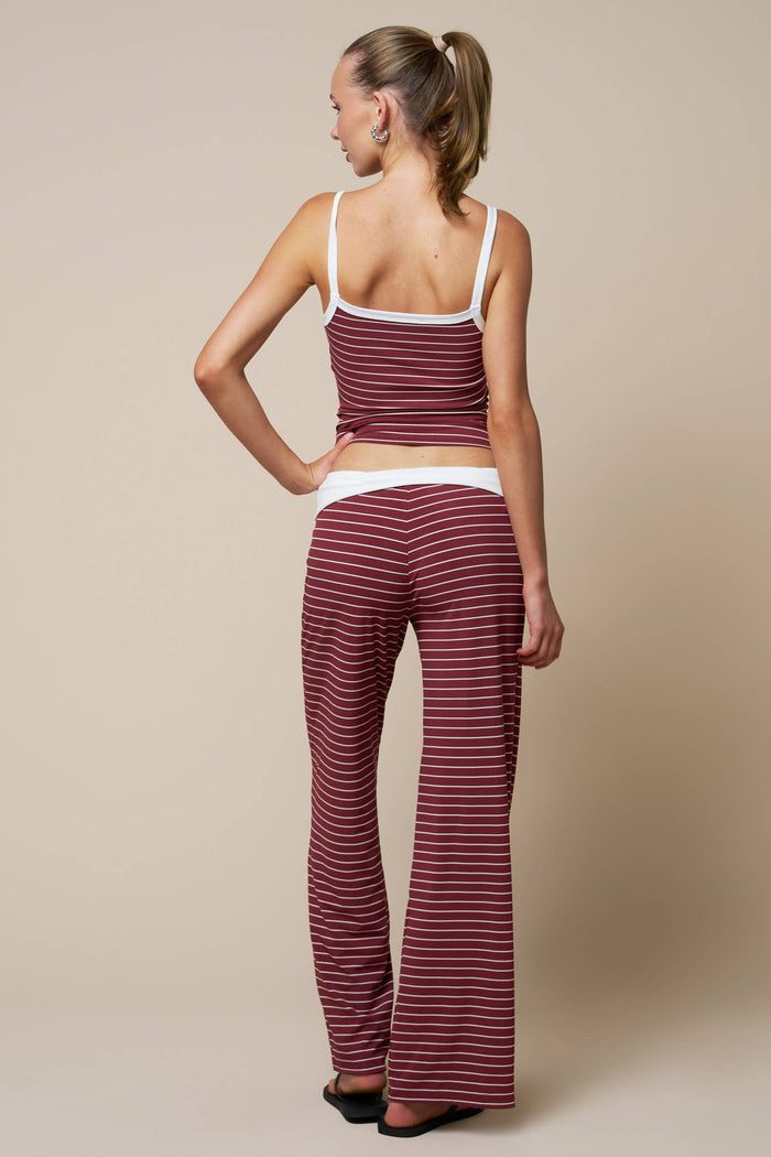Women's Striped Tank with Fold Over Pant Set - Burgundy