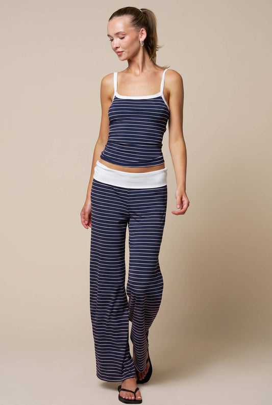 Women's Striped Tank with Fold Over Pant Set - Navy