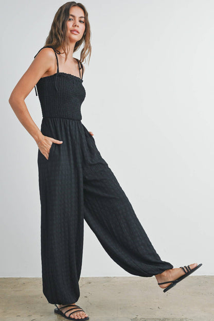 Women's Textured Solid Wide Leg Jumpsuit - Black (Final Sale)