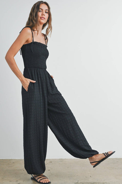 Women's Textured Solid Wide Leg Jumpsuit - Black (Final Sale)