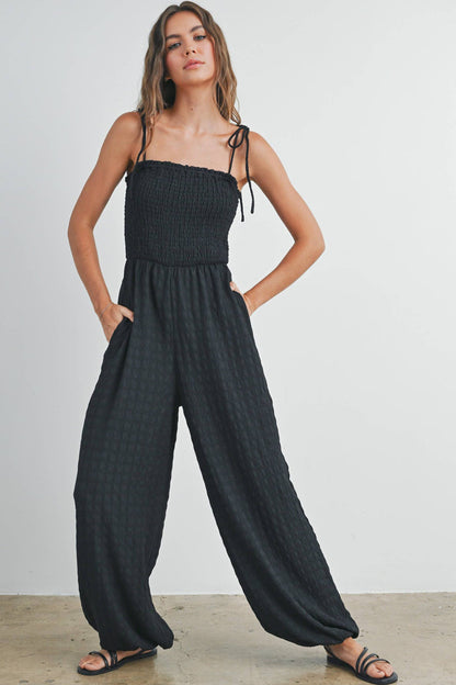 Women's Textured Solid Wide Leg Jumpsuit - Black (Final Sale)