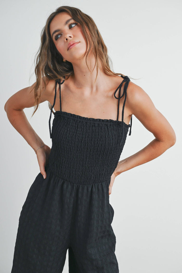 Women's Textured Solid Wide Leg Jumpsuit - Black (Final Sale)