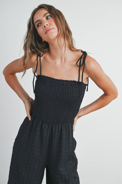 Women's Textured Solid Wide Leg Jumpsuit - Black (Final Sale)