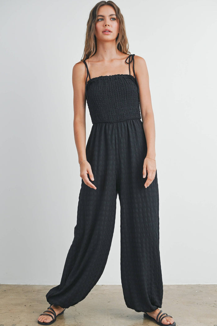 Women's Textured Solid Wide Leg Jumpsuit - Black (Final Sale)