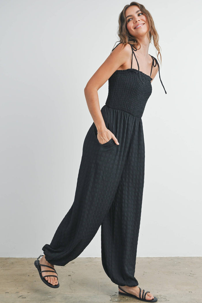 Women's Textured Solid Wide Leg Jumpsuit - Black (Final Sale)
