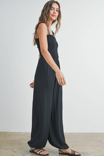 Women's Textured Solid Wide Leg Jumpsuit - Black (Final Sale)
