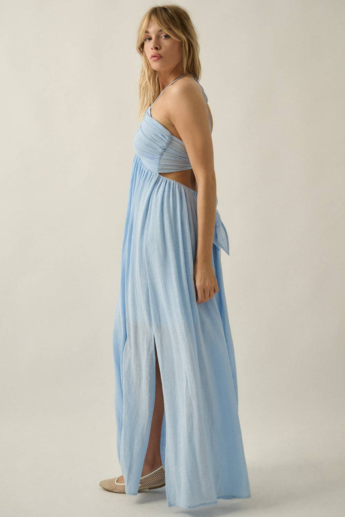 Women’s Tie-Back Halter Pocket Maxi Dress - Chambray (Final Sale)