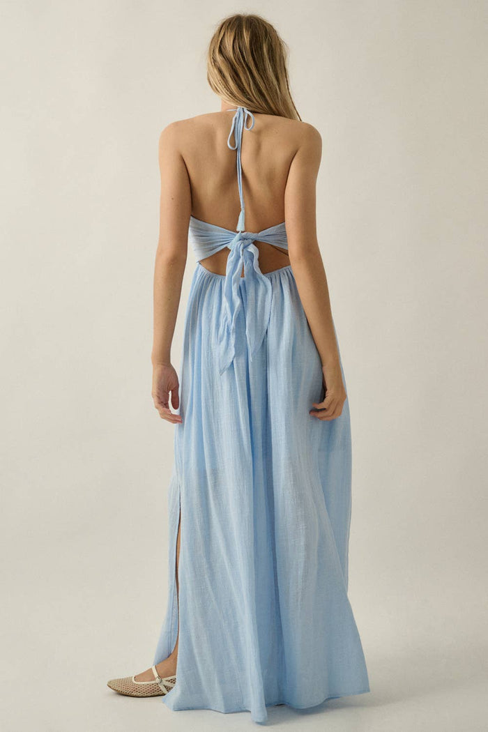 Women’s Tie-Back Halter Pocket Maxi Dress - Chambray (Final Sale)