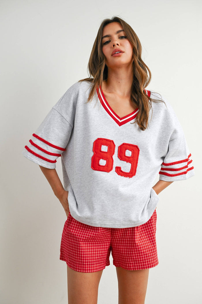 Women's Varsity Spirit Oversized Top - Grey/Red