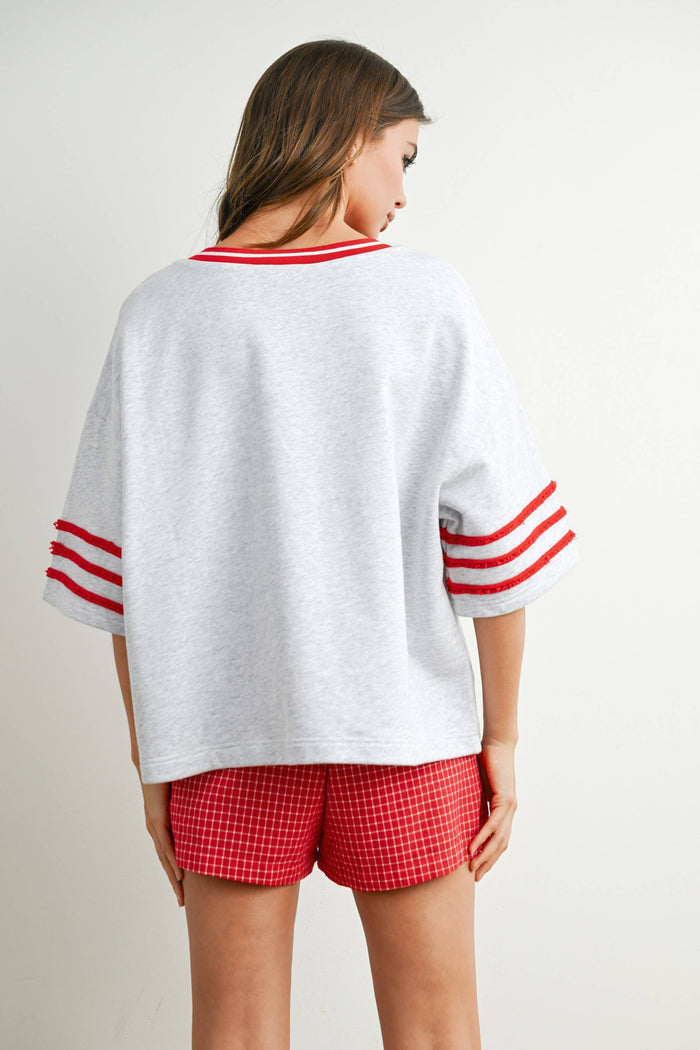 Women's Varsity Spirit Oversized Top - Grey/Red