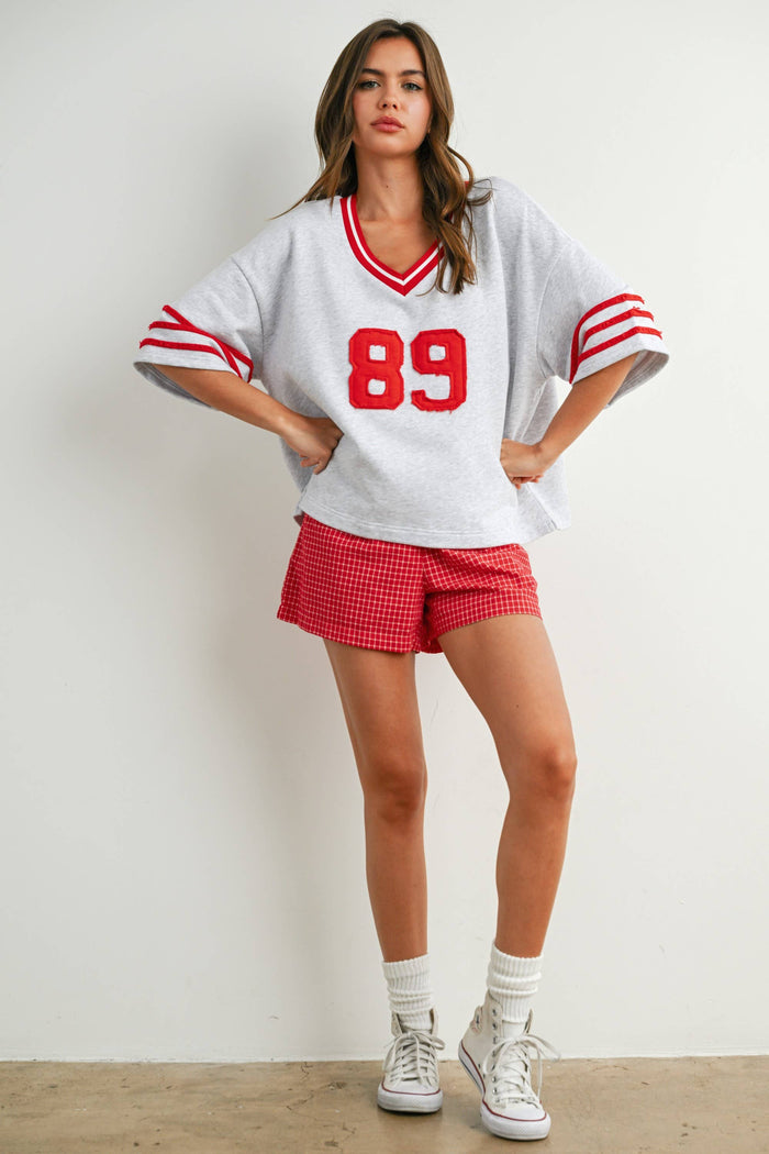 Women's Varsity Spirit Oversized Top - Grey/Red
