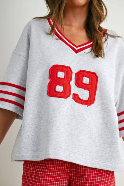 Women's Varsity Spirit Oversized Top - Grey/Red
