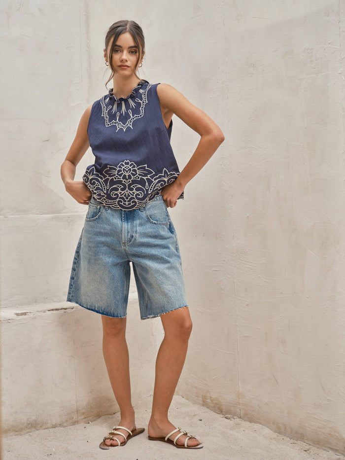Women's Wide Leg Bermuda Shorts - Denim