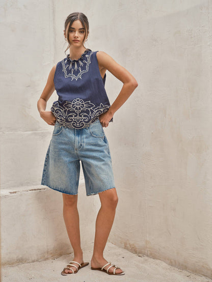Women's Wide Leg Bermuda Shorts - Denim