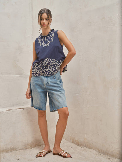 Women's Wide Leg Bermuda Shorts - Denim