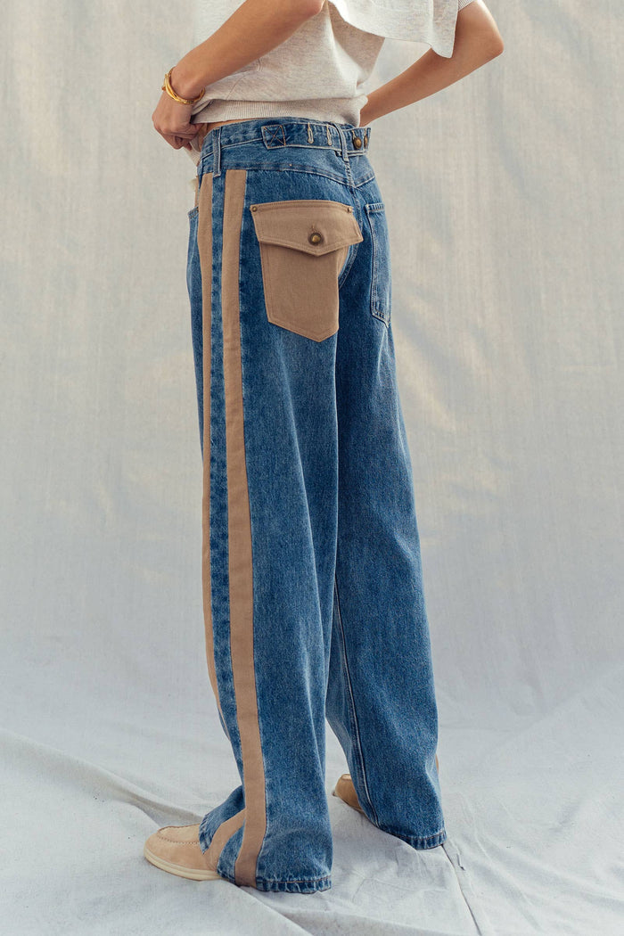 Women's Wide-Leg Utility Stripe Jeans - Denim Taupe