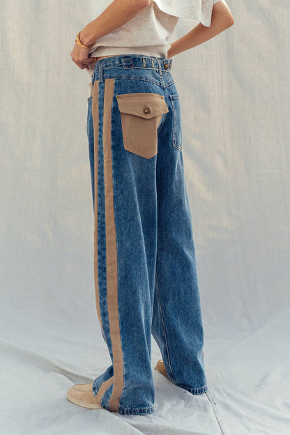 Women's Wide-Leg Utility Stripe Jeans - Denim Taupe